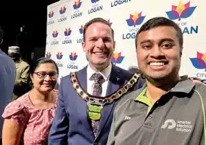 Mayor Jon Raven with Shanjeshni Deo and Ravneel Deo